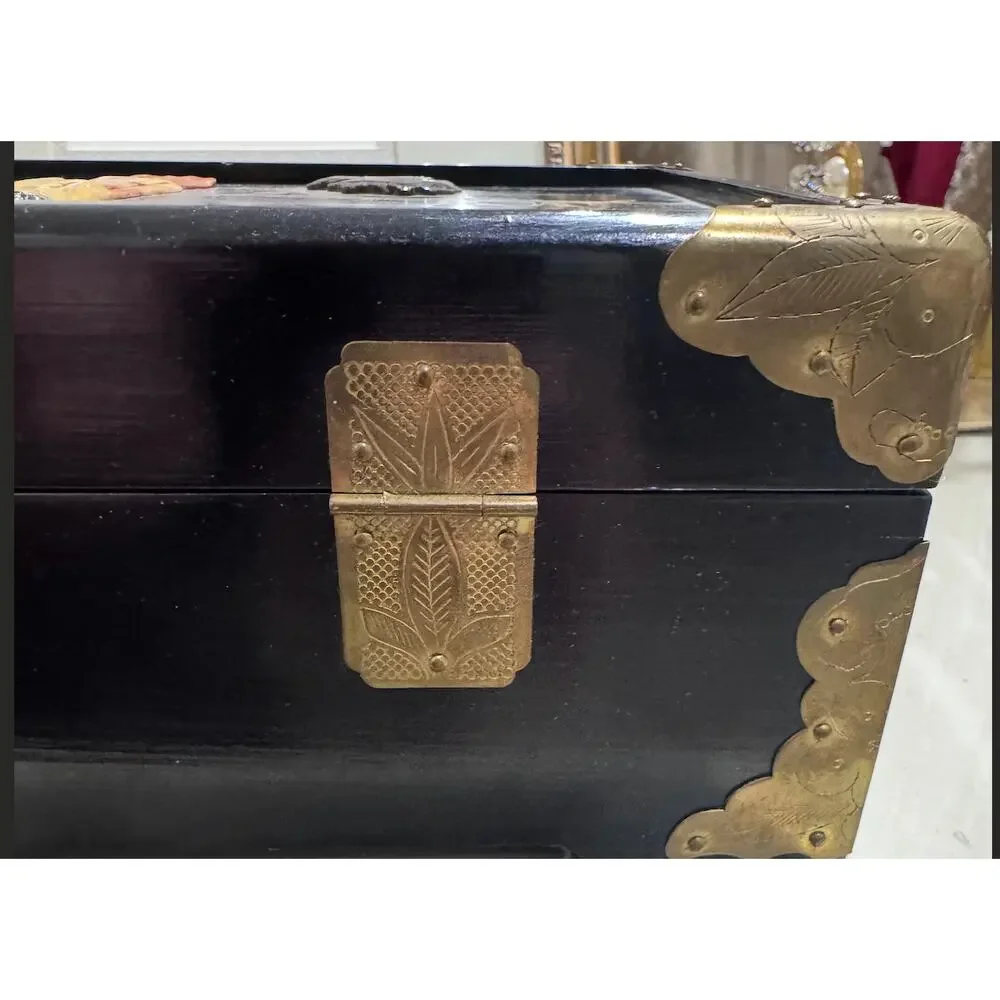 Vintage Black Asian Style Jewelry Box with Mirror Ring Rolls and Brass Hardware
